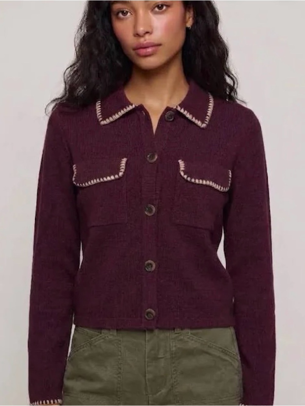 Joie Burgundy Crochet Trim Cardigan Sweater Jacket | Size Large